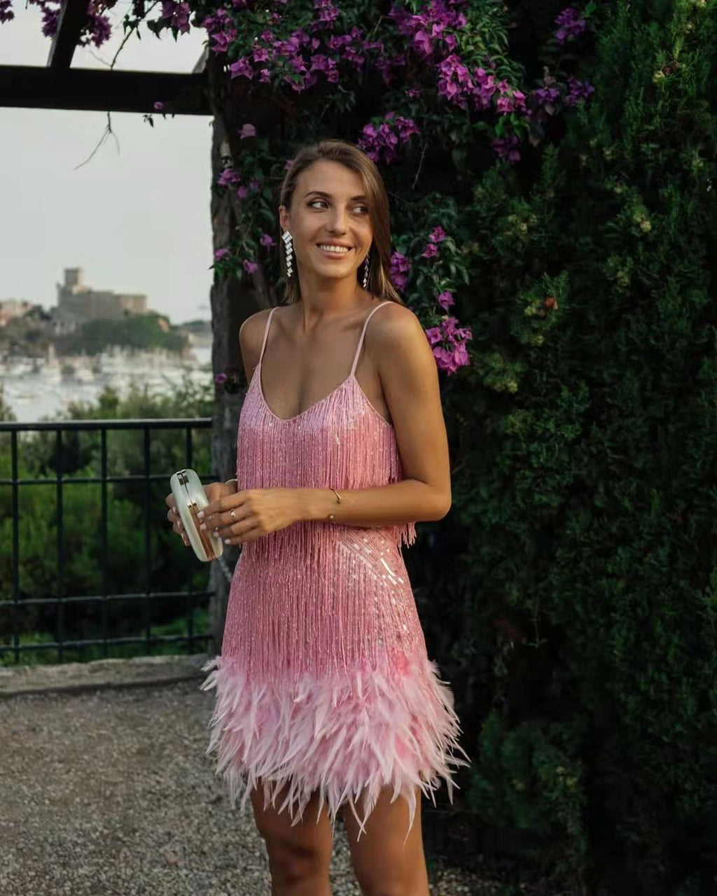 Tassel Sequin Feather Stitching Asymmetric Dress