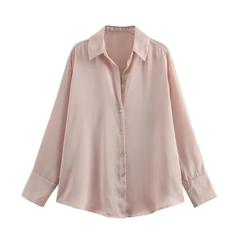All-match Silk Satin Texture Draping Long-sleeved Shirt For Women