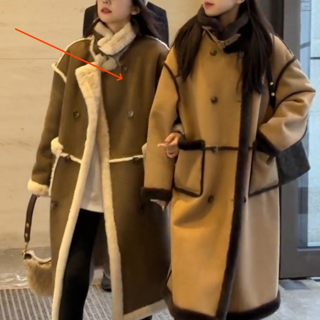 Manteau long ample d'hiver en laine d'agneau et cachemire double face pour femme avec particules de fourrure