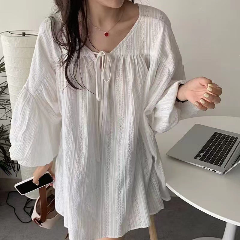 Summer French Style White Lantern Sleeve Mid-Length Doll Shirt for Women
