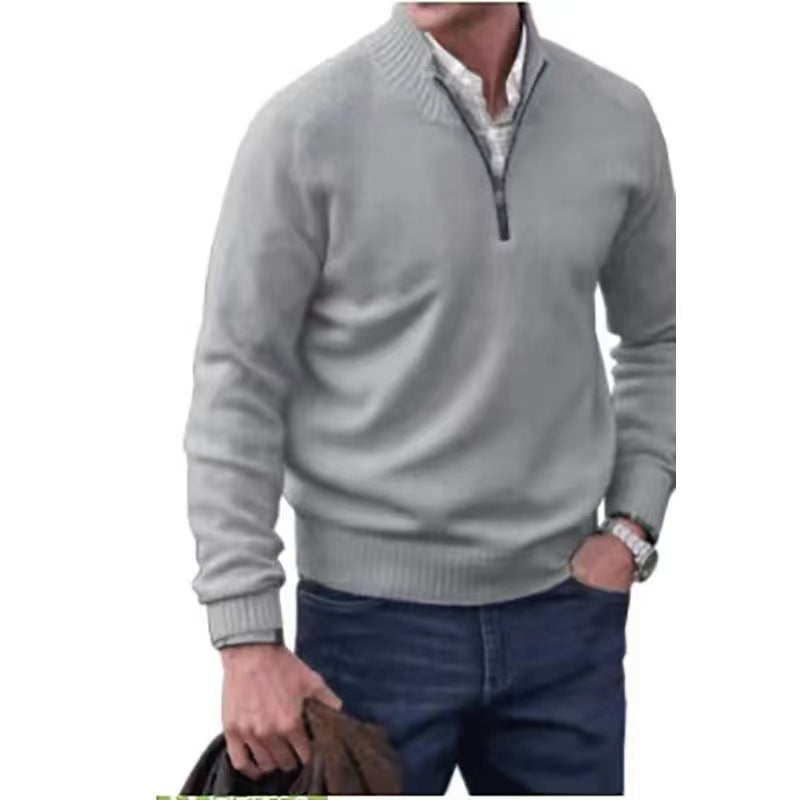 Pull col zippé pour homme Col montant Tricot décontracté Couleur unie