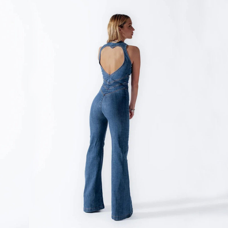 Combinaison en jean sans dos à fines bretelles en cœur, style rétro, avec fermeture éclair et taille haute pour femmes