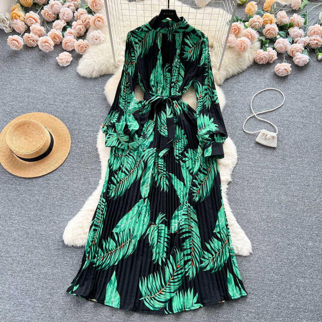 Stand Collar Long Sleeve Printed Chiffon Dress with Lace-Up Cinched Waist and Pleated Skirt