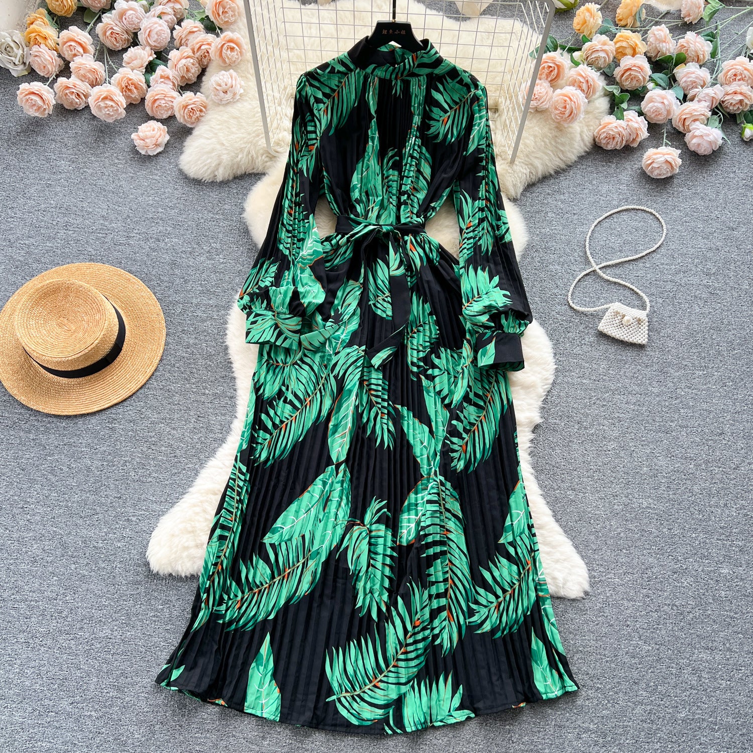 Stand Collar Long Sleeve Printed Chiffon Dress with Lace-Up Cinched Waist and Pleated Skirt