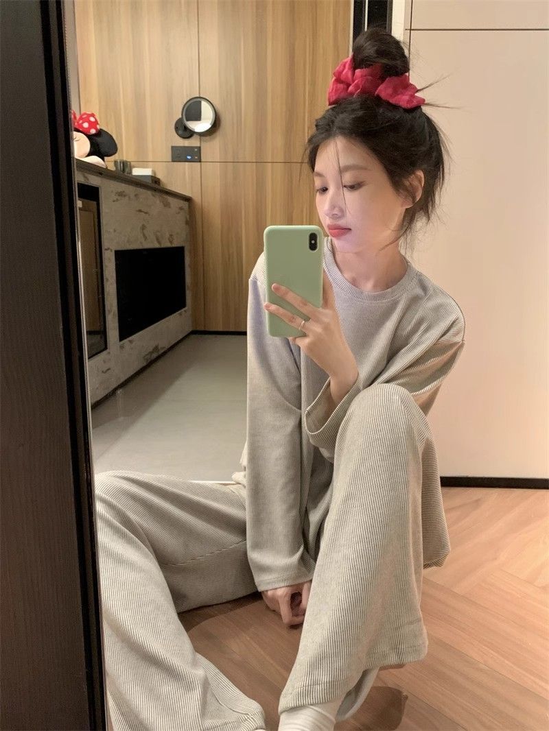 Striped Gray Brown Polyester Pajamas for Women, Long Sleeve, Sizes M-XXL