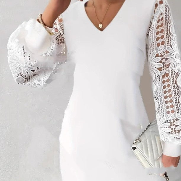 White Lace Patchwork V-Neck Knitted Dress with Puff Sleeves