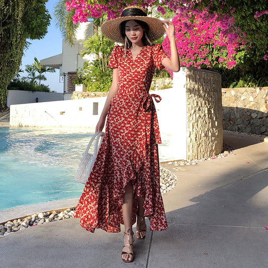 Lace-up Chiffon One-piece Holiday Dress
