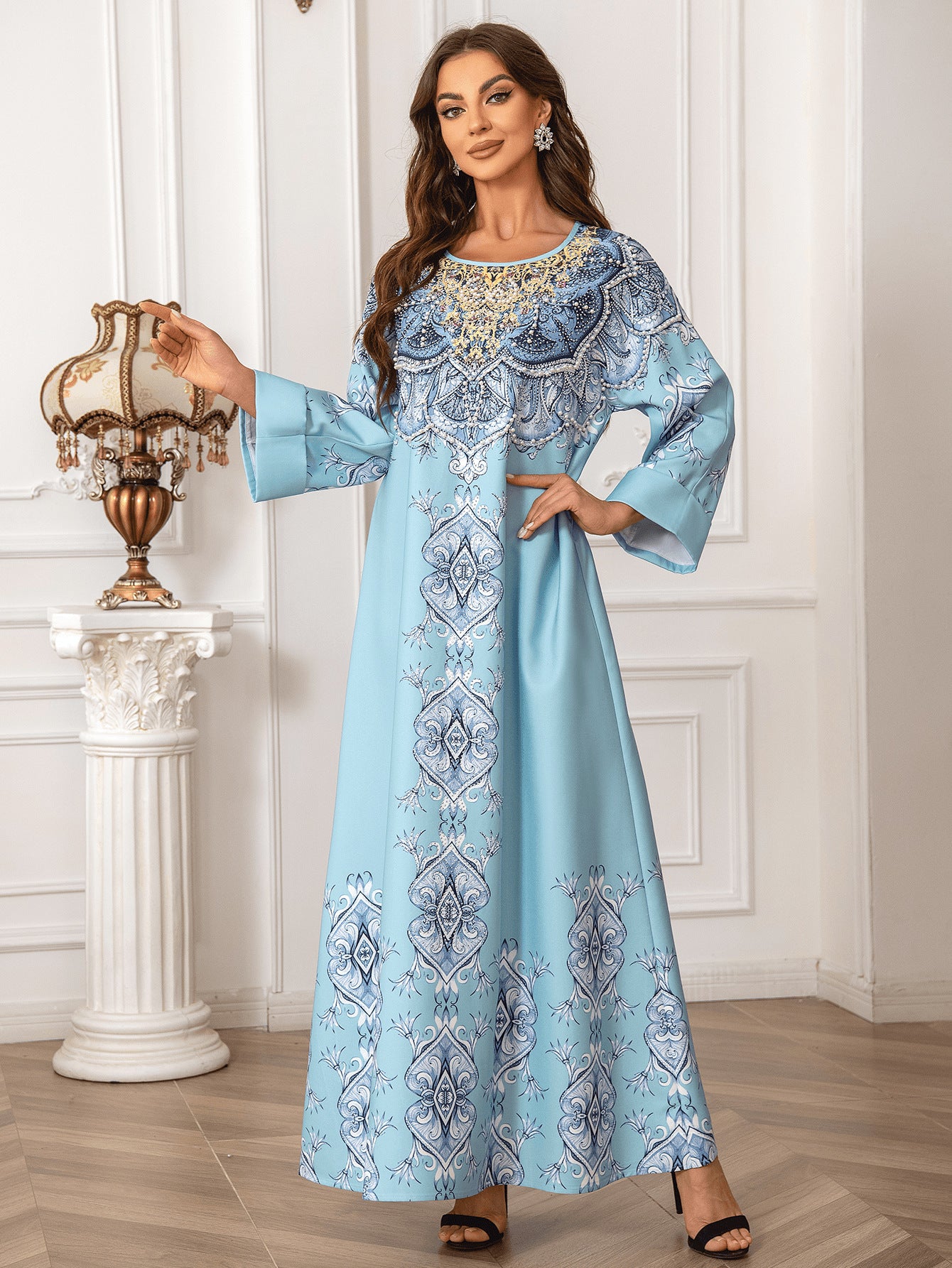 High Density Rhinestone Floral-print Beaded Arabian Elegant Abaya Round Neck Dress