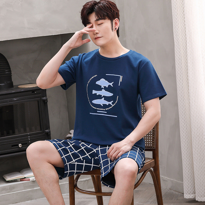 Summer Cotton Men's Short-Sleeve Pajama Set with Bird Plaid Shorts