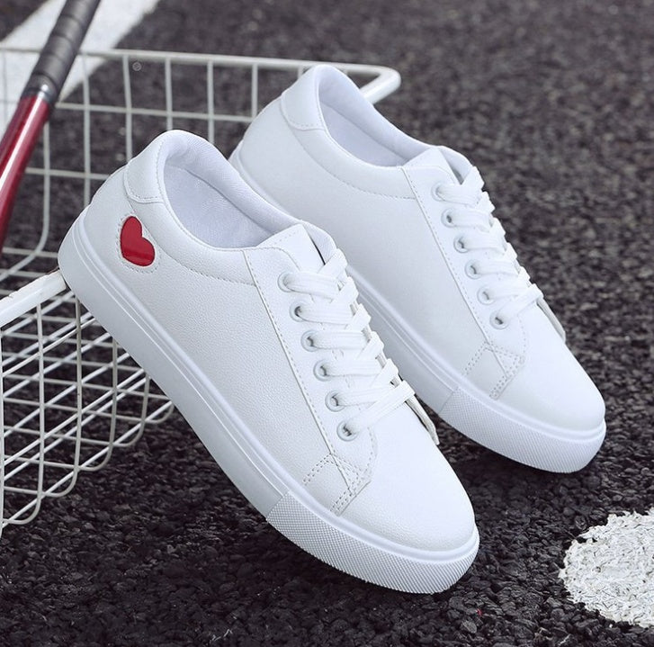 Women’s PU Leather Heart Flats Casual Breathable White Sneakers