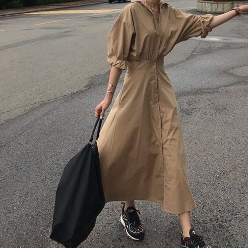 Cotton Lapel Shirt Style Slim Waist Long Dress