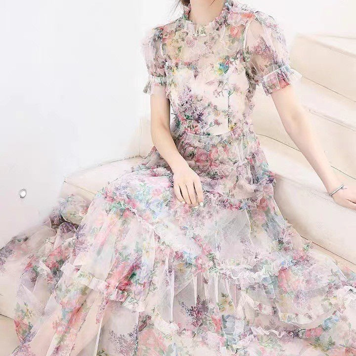 Women's Temperament Black French Floral Waist-Controlled Dress S-XL