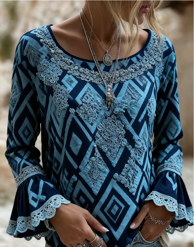 Women's Bohemian Style V-Neck Long Sleeve Shirt - Loose Printed Top