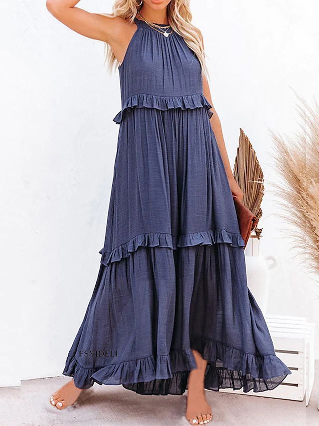 Robe longue d'été à volants, dos nu, col halter, pour femmes