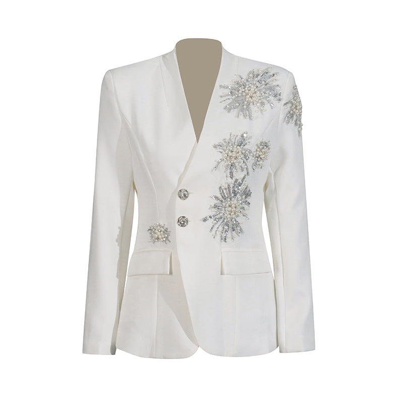 Rhinestone Solid Color Suit Coat for Women in Black & White