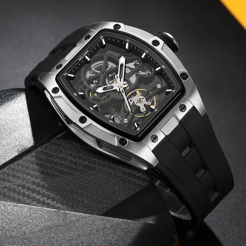 Montre mécanique ajourée pour homme avec bracelet en silicone