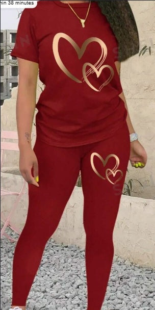 Women's Heart Print Short Sleeve T-Shirt & Leggings Set