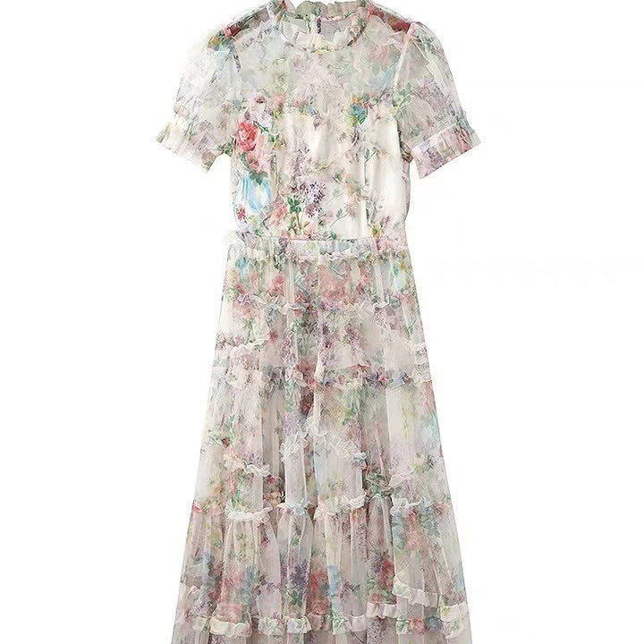 Women's Temperament Black French Floral Waist-Controlled Dress S-XL