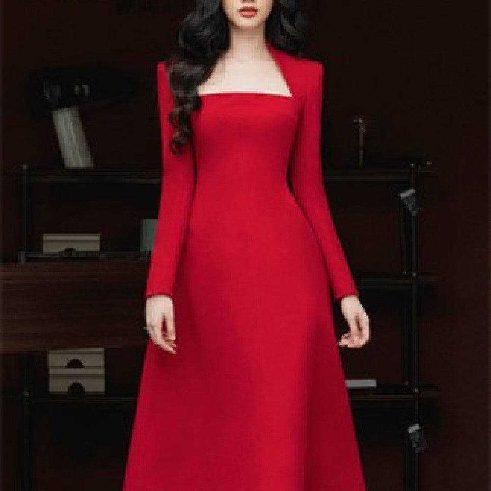 Robe trapèze rouge à manches longues en polyester pour femme