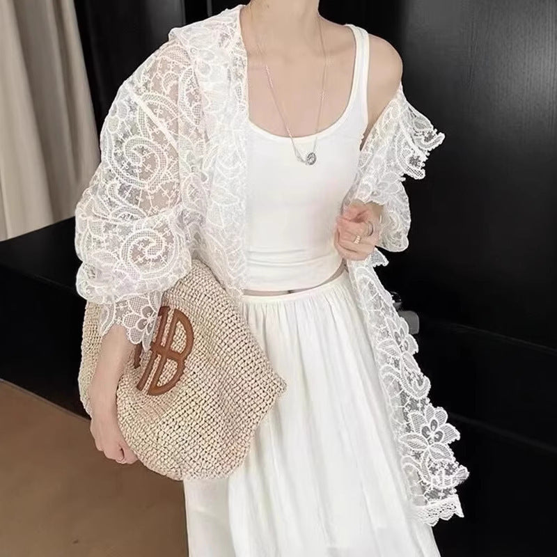 White Lace Crocheted Sun Protection Shirt for Women
