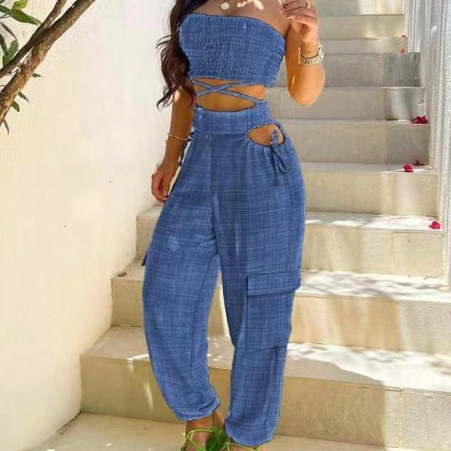 Salopette en jean sans bretelles à lacer avec poches - Bleu, S-XXL