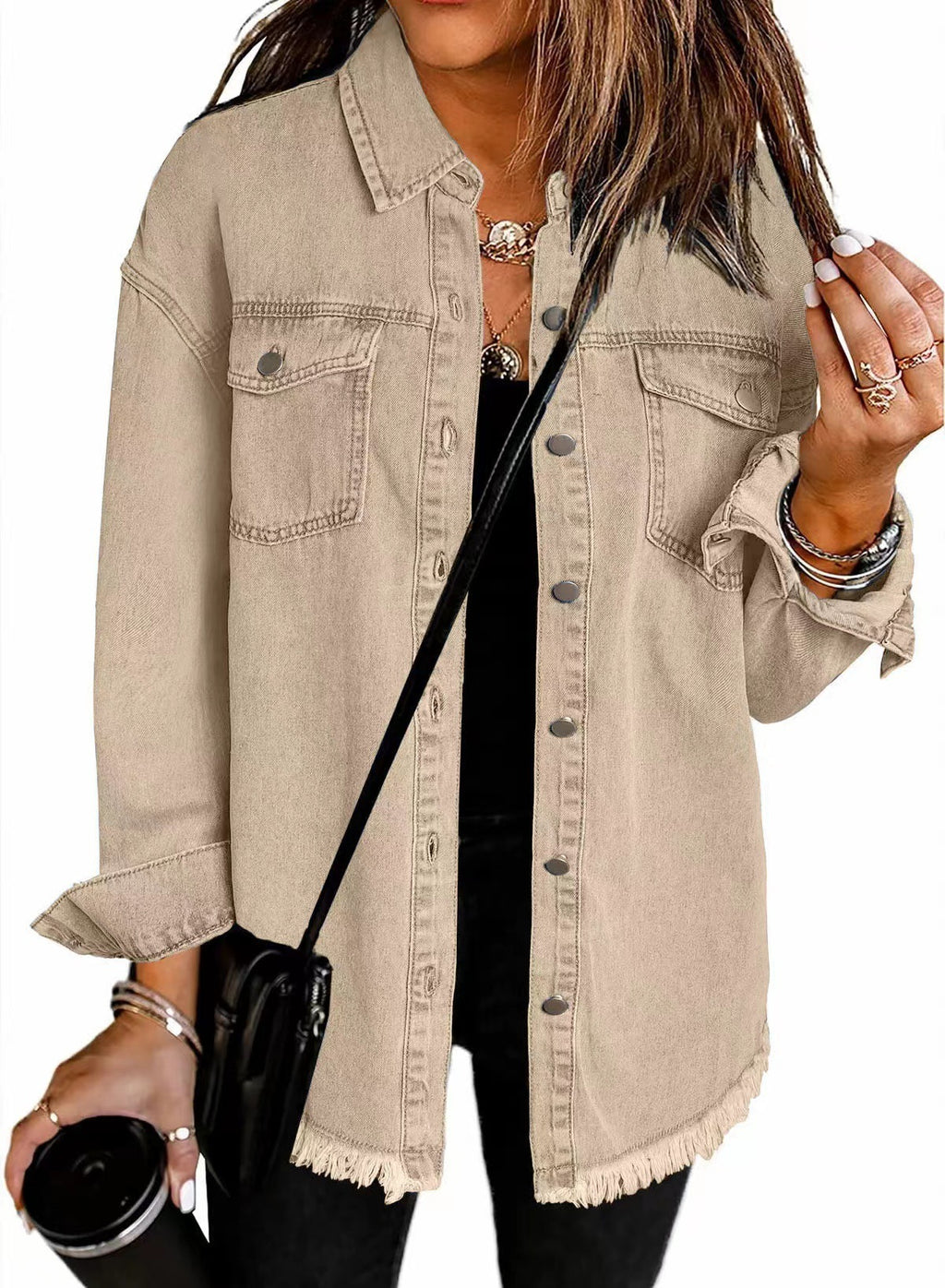 Washed Denim Shirt Women’s Street Style Frayed Hem Coat