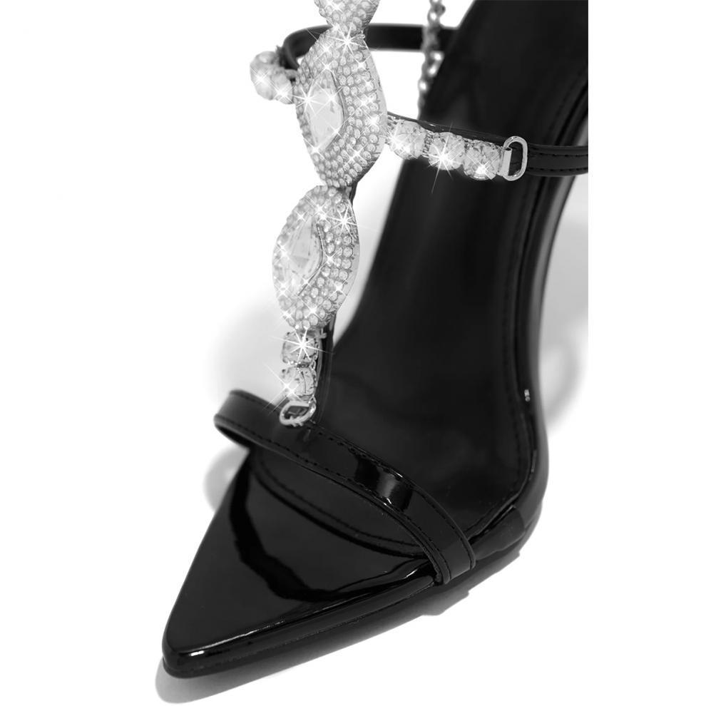 Golden Rhinestone Stiletto Sandals High Heels Pointed Toe Buckle