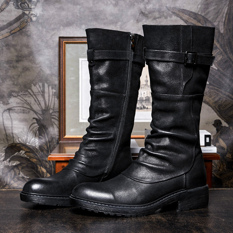 Bottes motardes montantes à plateforme pour hommes avec fermeture éclair latérale