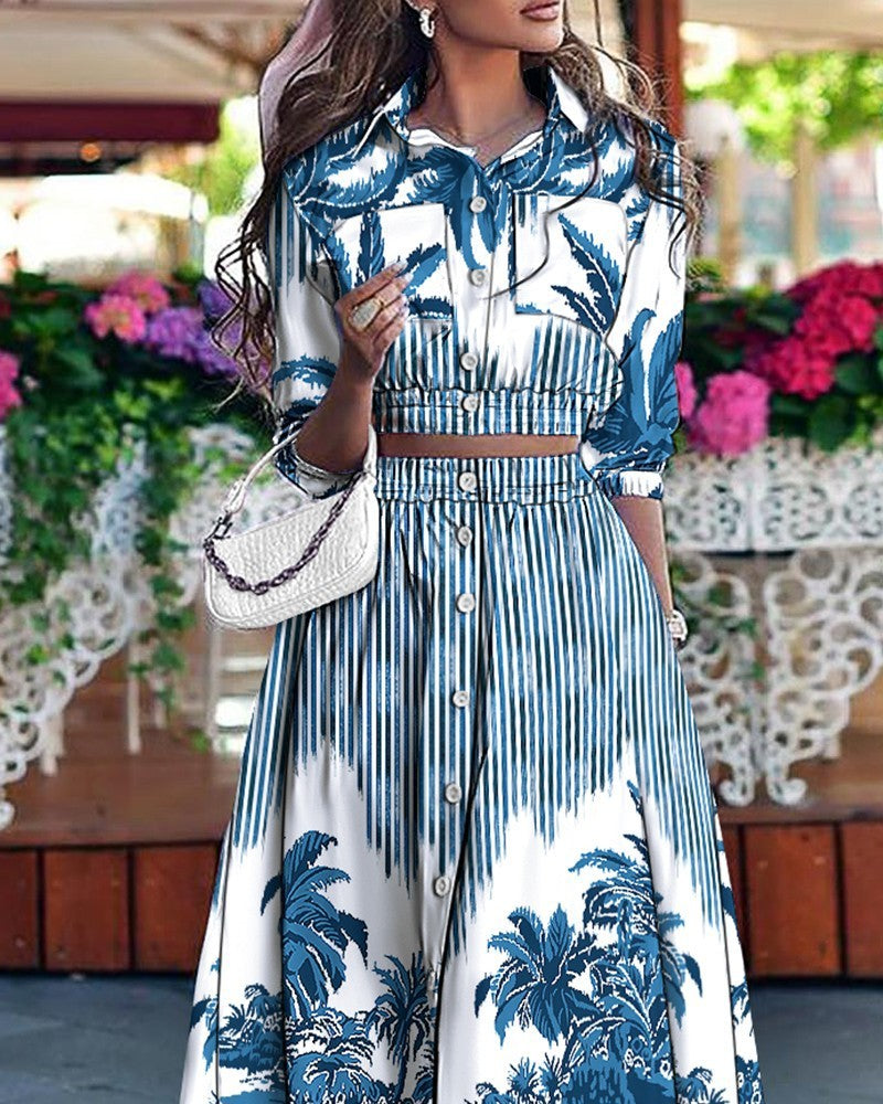 Printed Button Pocket Blouse & Mid-Length Skirt Suit with Stand Collar