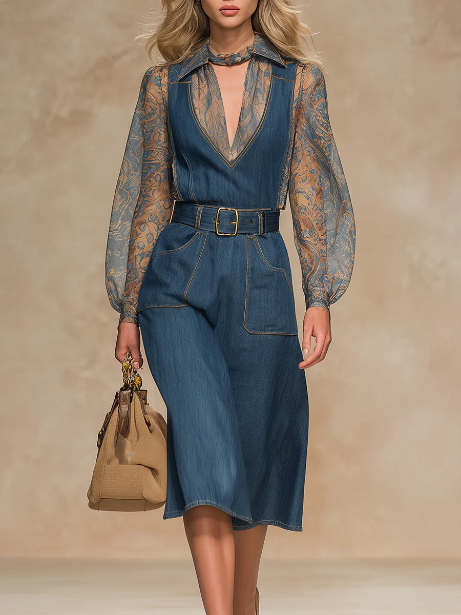 جمبسوت جينز أزرق نسائي بخصر عالٍ وقصة فضفاضة وجيوب كبيرة