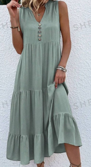 Women's Notched V-Neck Ruffle Hem Dress in Viscose, Sizes S-3XL