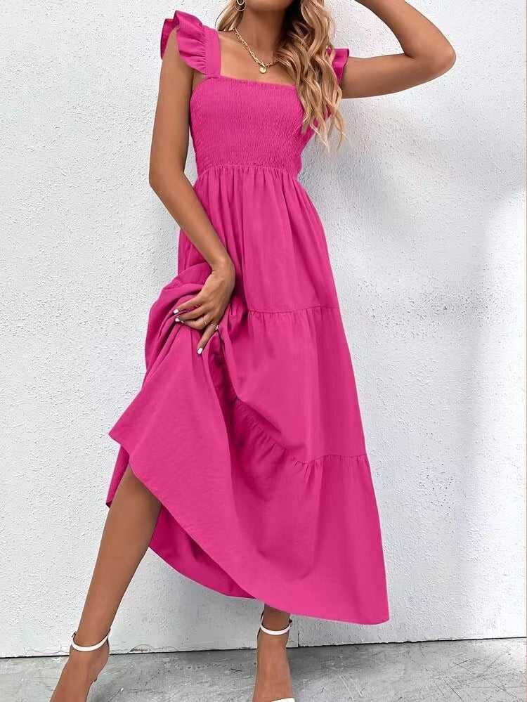 Women's Summer High Waist Backless Long Dress in Rose Red & Light Blue