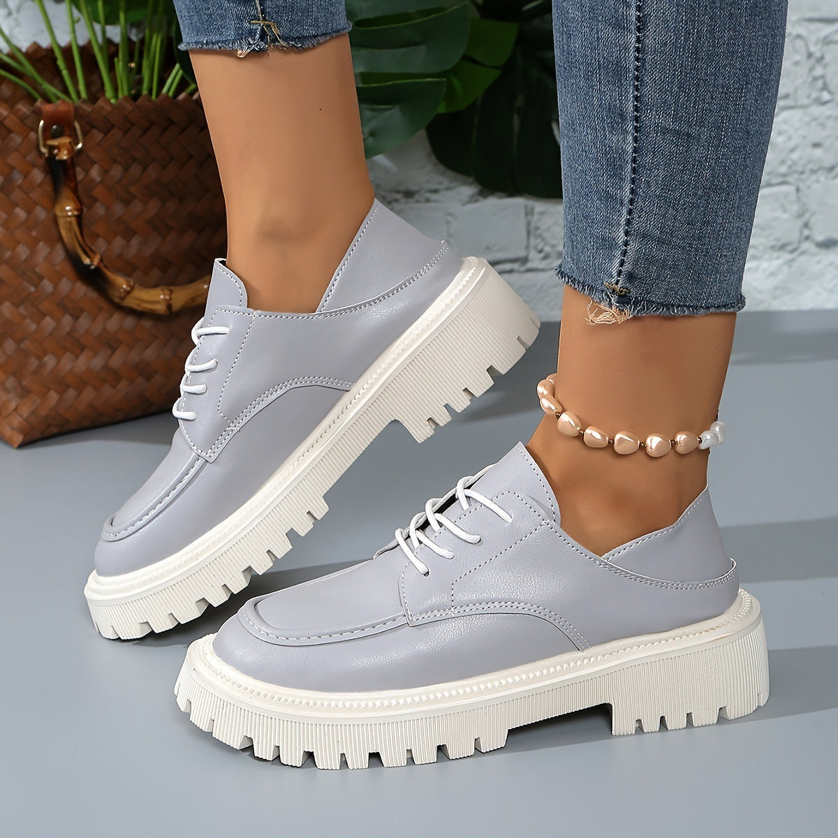 Light Gray Lace-Up Platform Oxfords for Women