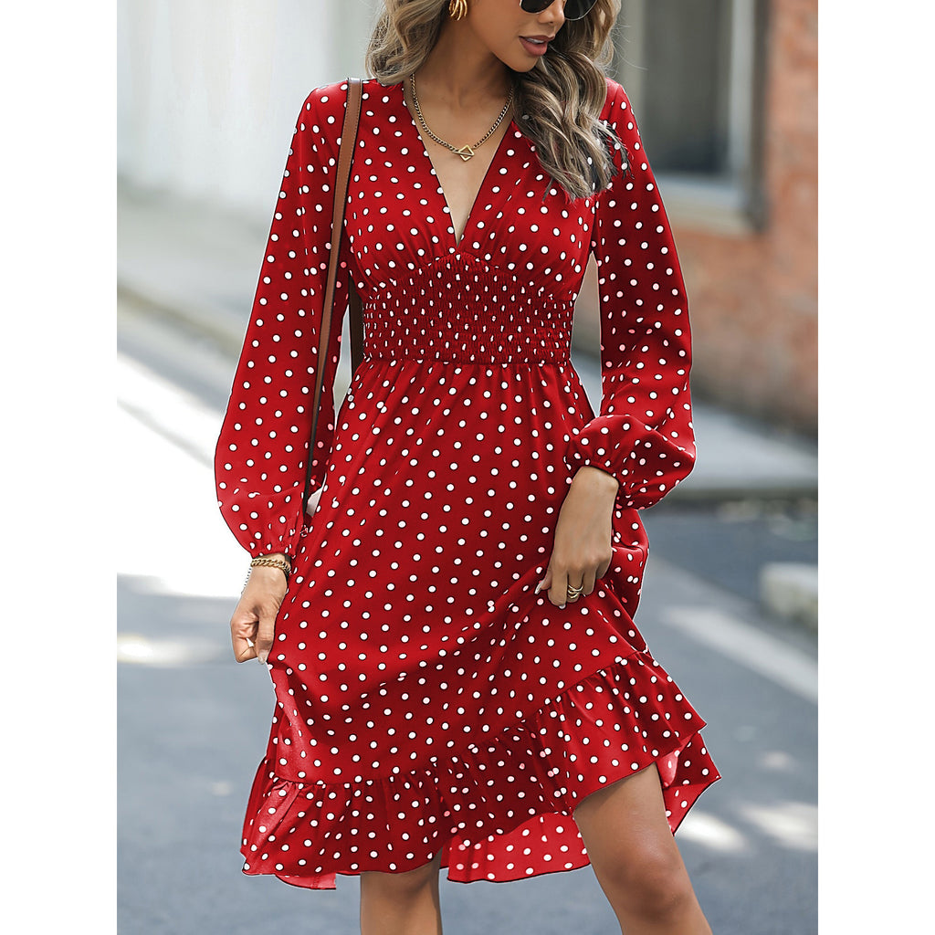 European & American Waist Slimming Polka Dot Long Sleeve Dress