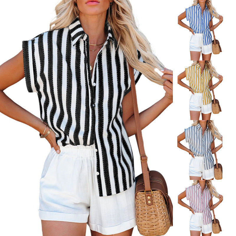 Loose Short Sleeve Striped Polyester Shirt