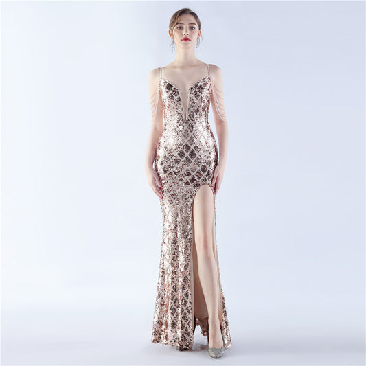 A Classy Trendy Fishbone Waist-tight Ratchet Tie Down Magic Color Sequin Craft Beaded High-end Evening Dress