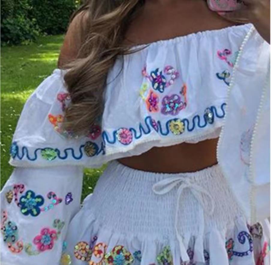 Ensemble jupe et haut évasé en coton et lin blancs pour femme