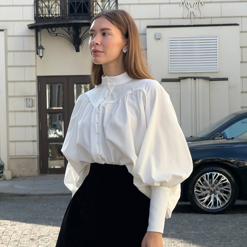 White Casual Small Stand-Up Collar Lantern Sleeve Pleated Shirt