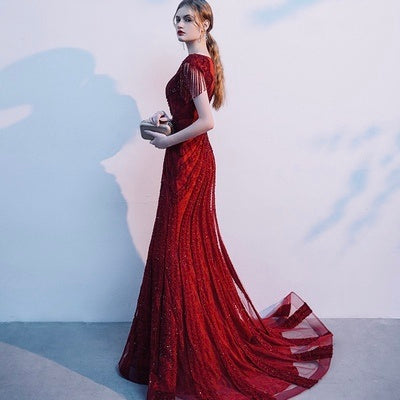 Robe de soirée de mariée sirène bordeaux à manches longues