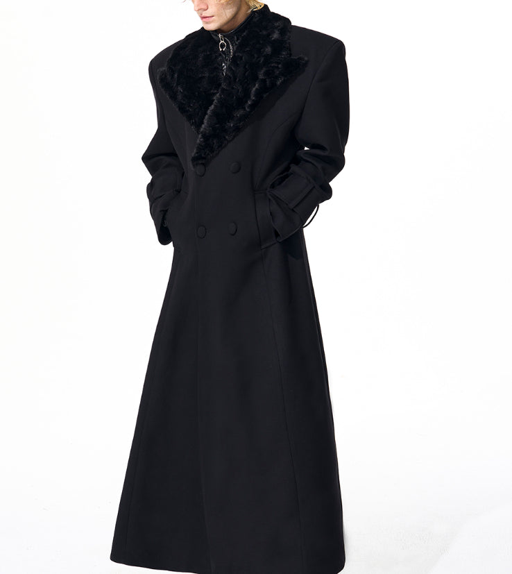 Noble Stitched Lapel Long Trench Coat Blazer in Black