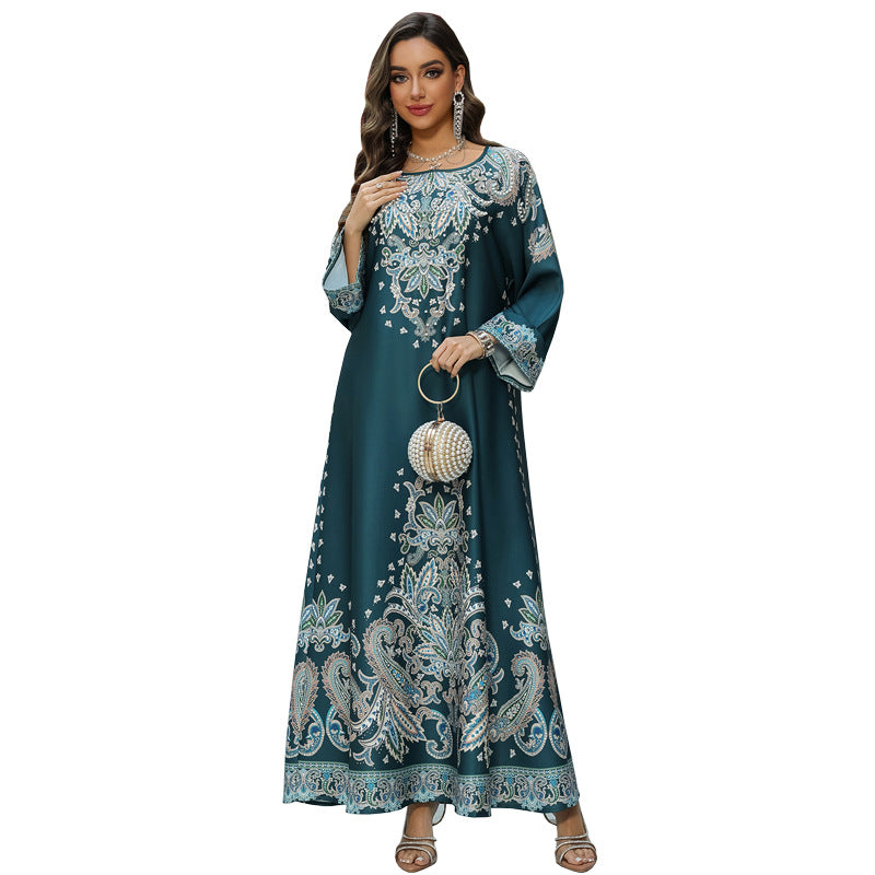 Dubai Printed Muslim Women's Long Sleeve Dress Polyester