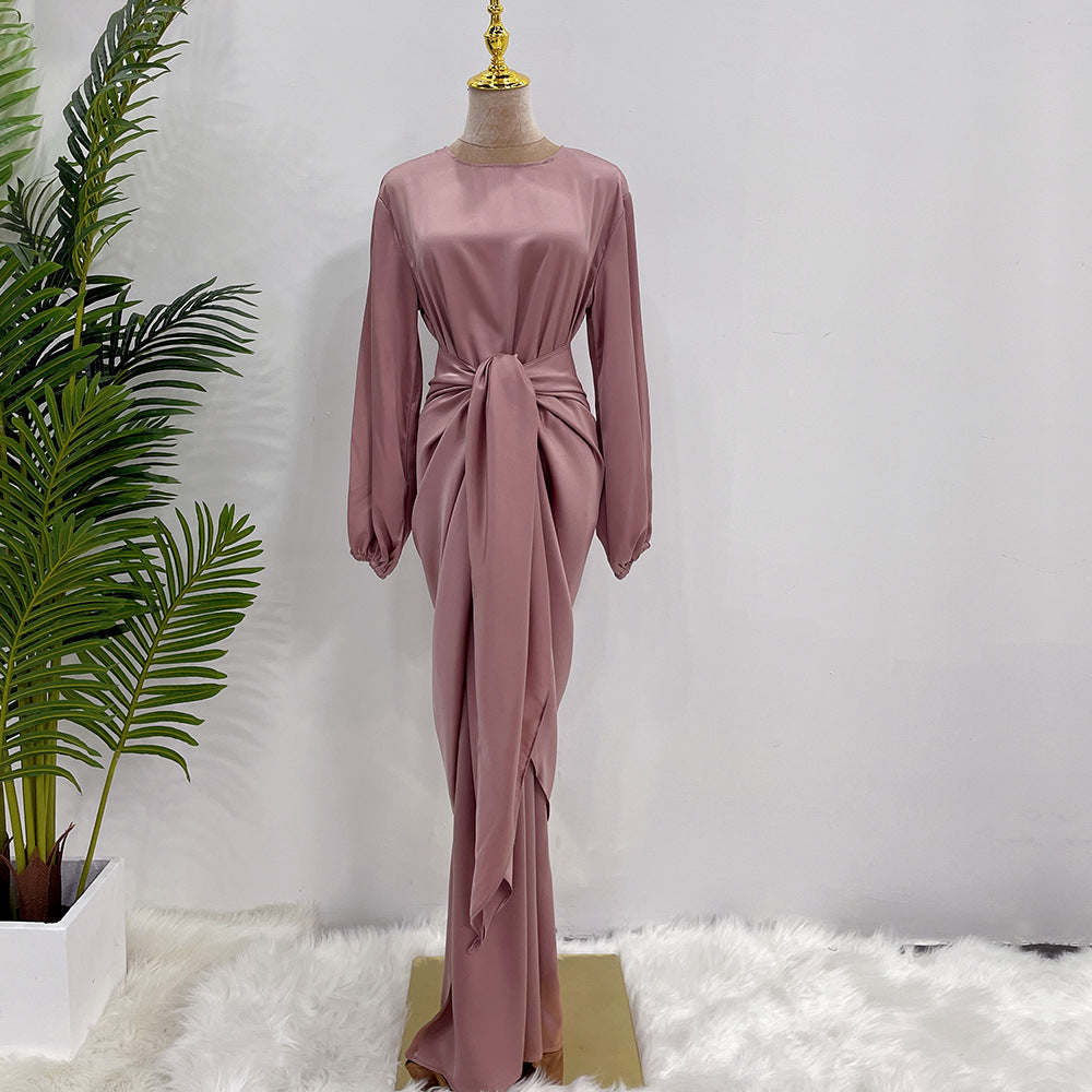 Robe longue douce turque à manches longues pour femmes avec détail à lacets