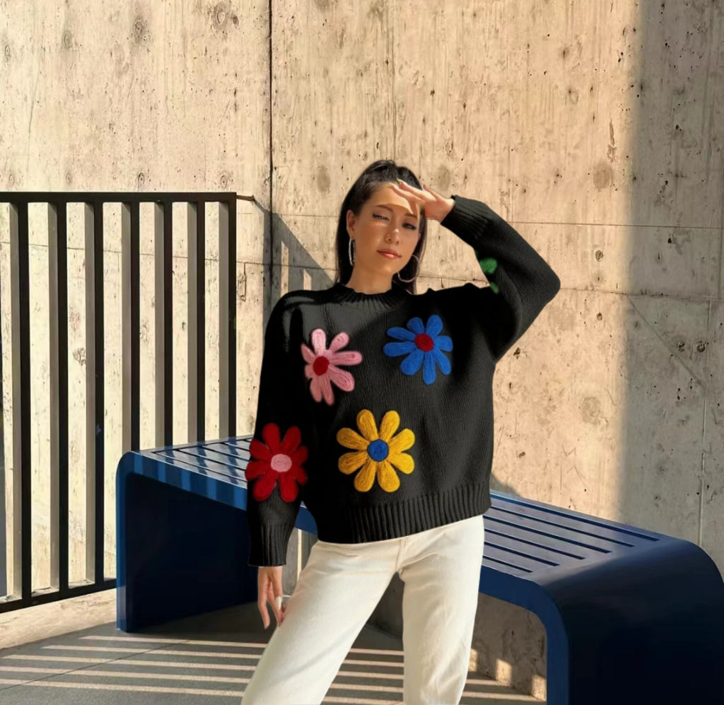 European & American Colorful Little Flower Thick Cute Sweater Coat