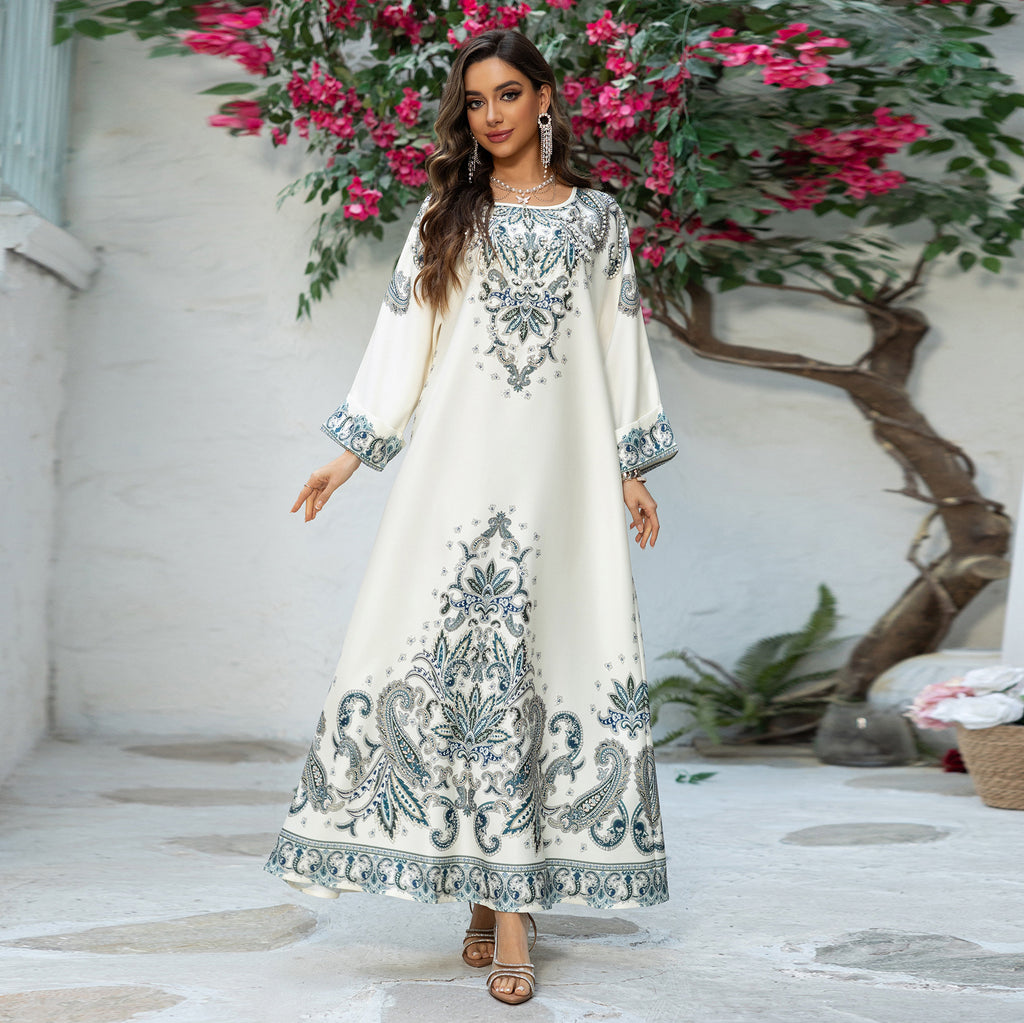 Dubai Printed Muslim Women's Long Sleeve Dress Polyester