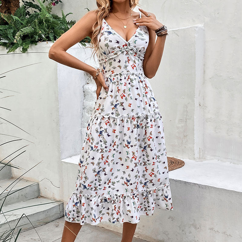Women's V-Neck Butterfly Print Strap Dress White Polyester