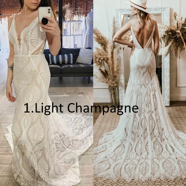 Bohemian V Neck Lace Backless Spaghetti Strap Beach Wedding Dress