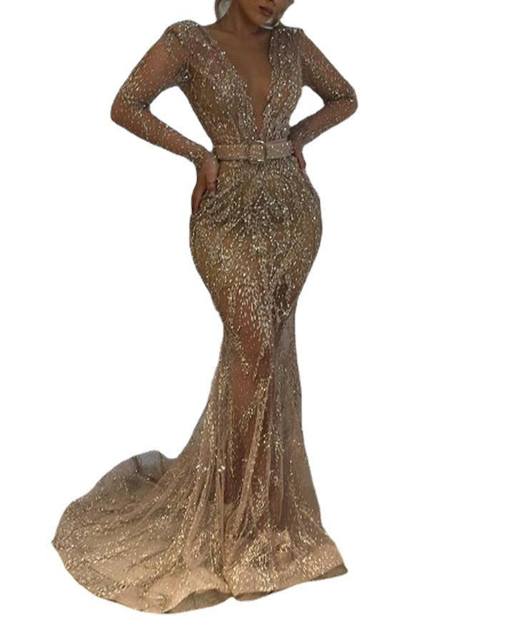 Gold Sequined Long Sleeve Swing Dress Large Banquet Party Dress