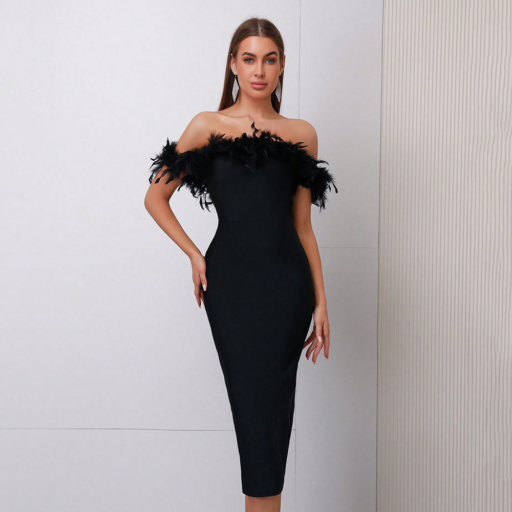 Off-Neck Feather Mid-Length Dress for Women