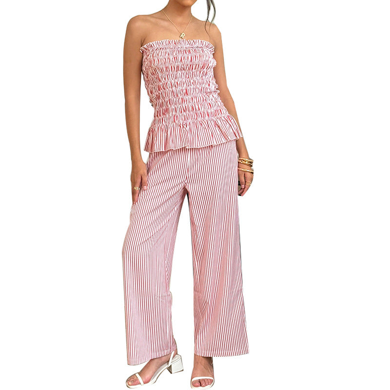 Ensemble femme sans bretelles rayé et pantalon droit en polyester