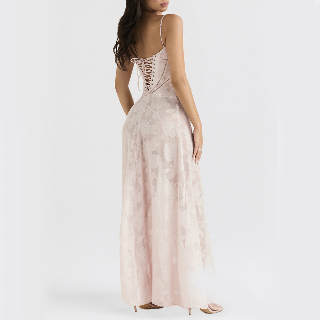 Robe Longue de Soirée Sexy en Dentelle Florale à Lacets et Bretelles pour Femme, Été, Coupe Ajustée